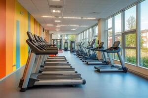 Treadmills standing in empty gym with colorful wall and big windows photo