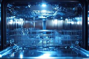 Empty dishwasher with open door showing internal components photo