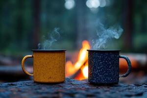 Two steaming mugs warming up in front of campfire in forest photo