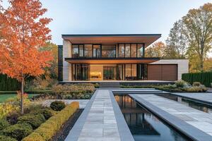 Modern luxury home exterior with reflecting pools and landscaping at sunset photo