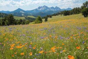 Wildflowers blooming in a meadow with longs peak in the background photo