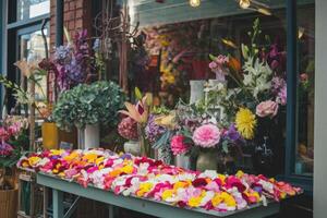 Flower shop displaying colorful flower petals on table photo