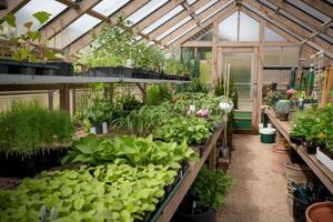 Seedlings growing in pots on table in greenhouse photo