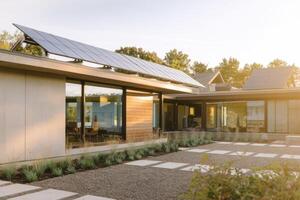 Modern house with solar panels generating green energy at sunset photo