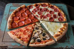 Delicious pizza slices with various toppings on rustic wooden board photo