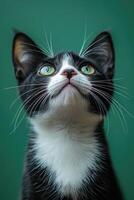 Curious cat looking up with green background photo