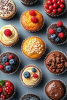 Delicious assorted cupcakes forming colorful pattern on grey background photo