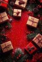 Christmas gifts, pine branches and berries creating a frame on red snowy background photo