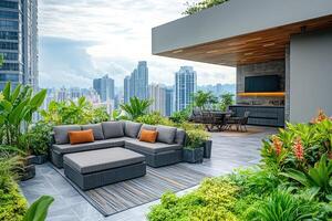 Modern rooftop terrace offering breathtaking city views with lush greenery and comfortable furniture photo