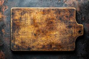 Rectangular empty dark wooden cutting board lying on black table photo