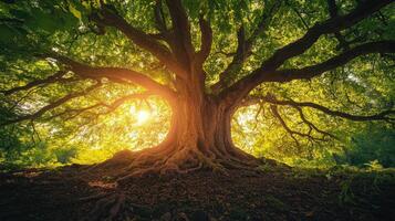 Majestic old tree standing tall with sunlight filtering through its branches photo