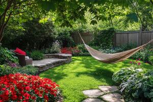 Hammock hanging between trees in lush backyard garden oasis photo