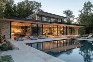 Modern luxury home exterior with pool and integrated garage at dusk photo