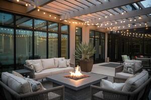 Modern hotel patio with fire pit and string lights creating relaxing ambiance photo