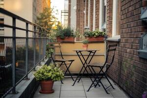 Cozy balcony garden with table and chairs enjoying sunset view photo
