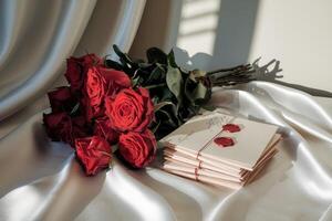 Red roses and handwritten letters with wax seal create a romantic atmosphere photo
