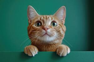 Curious ginger cat peeking over green surface with wide eyes photo