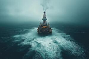 Oil rig extracting fossil fuels in rough sea during storm photo