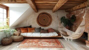 Cozy bohemian interior design with hammock and sofa in rustic attic apartment photo