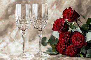 Crystal champagne flutes and red roses creating romantic atmosphere photo