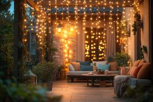 Cozy patio decorated with string lights creating a warm ambiance for relaxing evenings photo