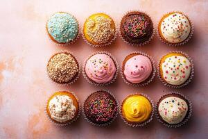 Delicious assorted cupcakes with colorful frosting and sprinkles forming a perfect grid on pink background photo