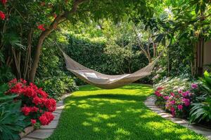 Relaxing hammock hanging between two trees in lush green garden photo
