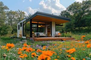 Modern tiny house with large windows in a field of flowers photo