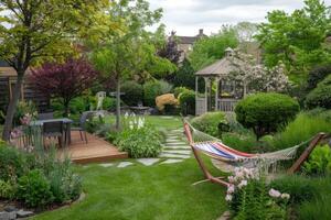 Hammock and gazebo inviting relaxation in lush backyard garden photo