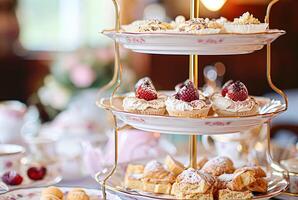 Elegant table setting for tea party with cakes and cupcakes in English manor. Vintage style. photo