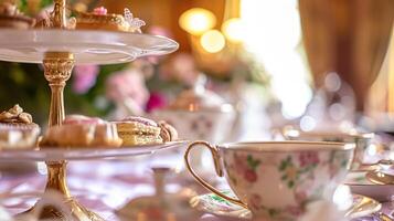 Elegant table setting for tea party with cakes and cupcakes in English manor. Vintage style. photo
