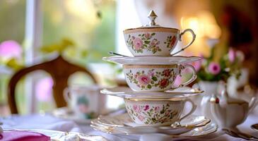 Elegant table setting for tea party with cakes and cupcakes in English manor. Vintage style. photo