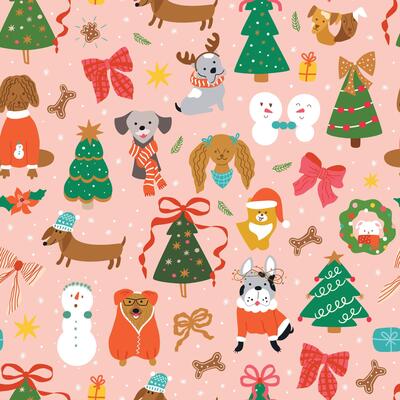 Christmas dog seamless pattern on the pink background. Cute dogs, puppies, Christmas tree, bow knots print. Funny kids New Year wallpaper, background with pets, gift paper, textile design.