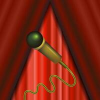 Retro Gold Microphone Icon Isolated on Red Curtain Background. vector