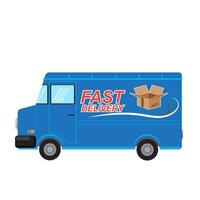 Fast Delivery Logo Design with Open Paper Box on Blue Truck. Side View. vector