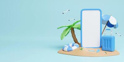 Summer vacation concept, Smartphone mockup with swim rings, coconut tree and beach accessories. Creative travel concept idea with copy space. illustration banner 3d rendering illustration photo