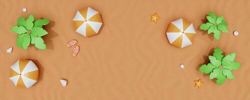 3d render top view. summer beach scene and palm leaves, umbrella. Summer time season background. photo
