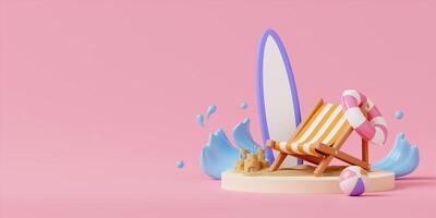 Beach accessories and summer vacation, holiday trip and essential items on pink background. Concept of relax and rest. 3D rendering photo