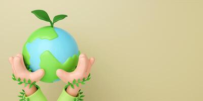 3d hand holding a planet earth isolated on yellow background. Sustain earth concept. Save Earth. Environment Concept. 3d rendering illustration. photo