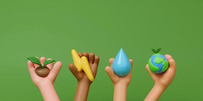 3d hand hold plan, thunder, water, earth on green background. Concept of Save the Earth, Protect environmental and eco green life, ecology and nature protect. 3d rendering illustration. photo