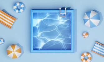 Swimming pool with Beach chair, swimming ring, ball and umbrella. Summer vacation vibes. Creative travel concept idea with copy space. 3d rendering illustration photo