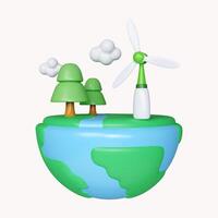 3d Globe tree and windmill. Earth Day Save World Environment icon concept. icon isolated on white background. 3d rendering illustration. Clipping path. photo