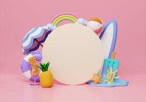 Summer time 3d illustration design with white circle for text and colorful beach elements. Creative summer concept idea. illustration banner. 3d rendering illustration photo