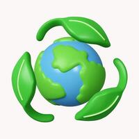 3d leaf recycle with planet symbol. 3d no plastic bottles. Save Earth. Save Environment Concept. icon isolated on white background. 3d rendering illustration. Clipping path. photo