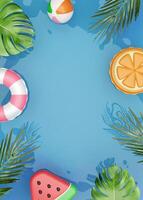 Summer swimming pool full of fun pool floats. Float on Water in the Tiled Pool Background. Summer Holiday Design Template for Banner, Flyer, Invitation, Brochure. 3d rendering illustration photo