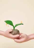 3d hand forwarding tree. save the earth save the environment. global connection concept on a green background. 3d rendering illustration. photo