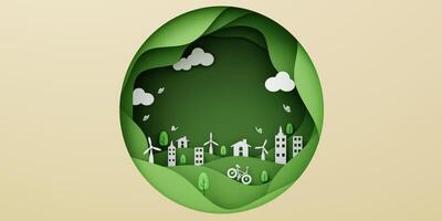 3d eco paper cut. many building and green leaves, save the planet and energy concept, paper 3d rendering illustration. photo