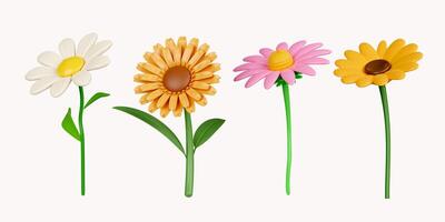 3d colorful flower set. icon isolated on white background. 3d rendering illustration. Clipping path. photo