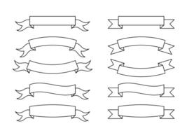 Set different line art black color ribbons banners isolated on white background vector