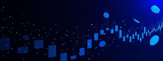 Digital financial report with candlestick chart graph and floating coins. Cryptocurrency, stock market and forex trading concept vector
